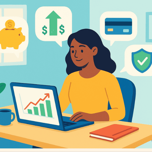 An illustrative drawing of a young professional working at a desk with a laptop showing financial charts. Floating icons represent savings, investments, credit cards, and insurance, symbolizing advanced personal finance strategies and long-term wealth building.
