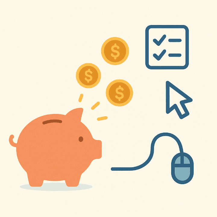 An illustration of small coins flowing from icons for surveys and tasks into a piggy bank. The image symbolizes how to make money online with micro-tasks to earn extra cash for your financial goals.