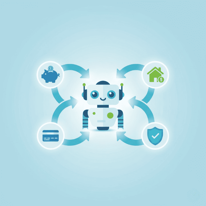 An illustration of a friendly robot automatically managing financial tasks. Arrows point from the robot to icons for savings, bills, and insurance, symbolizing a financial automation system.