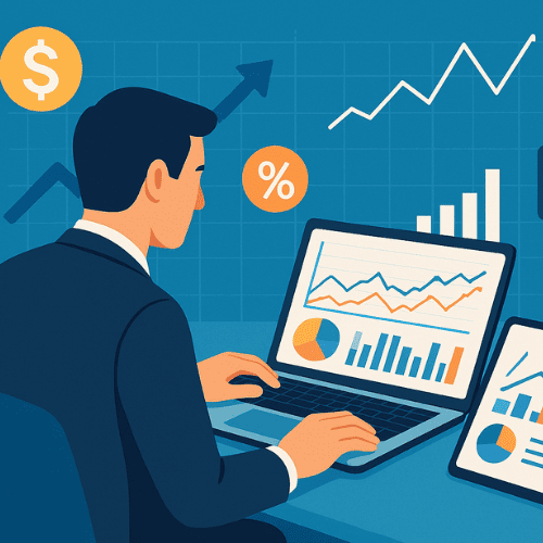 An illustration of a financial analyst reviewing complex risk models, investment portfolios, and derivative charts on a laptop and tablet. Symbols of stocks, bonds, hedging, and predictive analytics are visible. The modern, vibrant style conveys advanced financial risk modeling, investment strategies, portfolio optimization, and strategic decision-making for long-term financial growth.