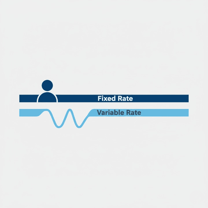An infographic-style illustration showing a choice between a straight path labeled "Fixed Rate" and a wavy path labeled "Variable Rate." The image symbolizes the financing decision between a fixed and variable interest rate.