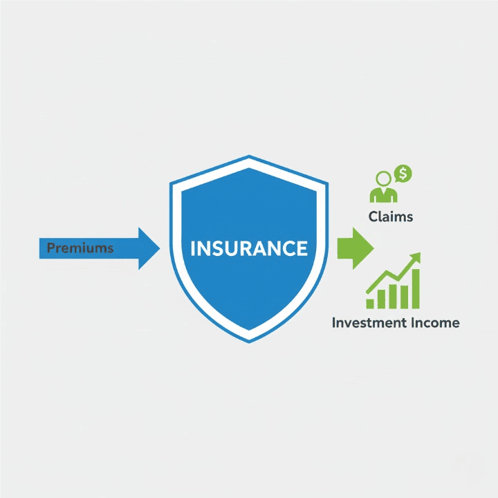 An infographic-style illustration showing the insurance business model. An arrow for "Premiums" goes into a shield, and two arrows for "Claims" and "Investment Income" come out, explaining how insurance companies make money.