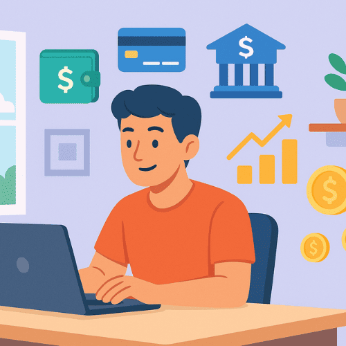 Illustration of a freelancer at a modern home office desk with a laptop. Around them float icons of digital wallets, online banking, credit cards, graphs, and coins, symbolizing multiple strategies to make money online. Designed in a clean, vibrant cartoon style to convey financial growth and opportunity.