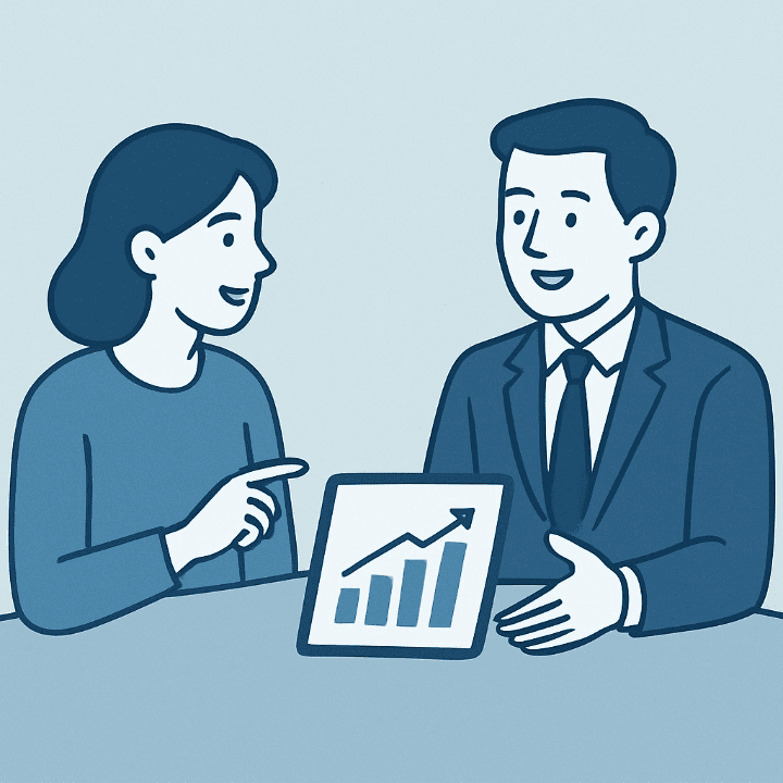 An illustration of a financial advisor meeting with a client. They are looking at a chart together, symbolizing the process of getting expert advice for financial management and to improve financial health.