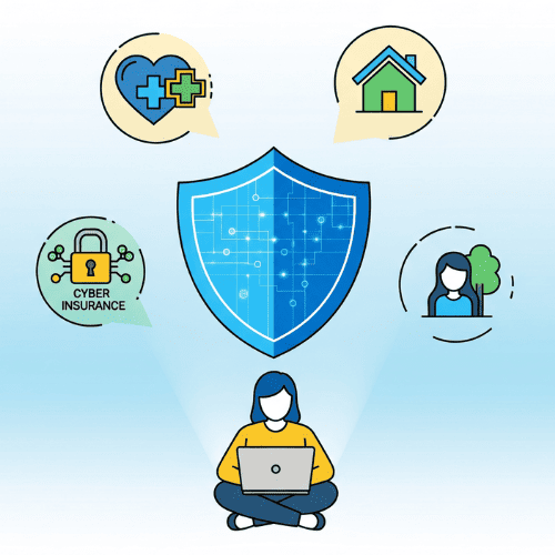An illustration of a freelancer at a desk with a laptop under a protective digital shield. Floating icons for health, property, life, and cyber insurance surround the shield. The colorful, cartoon-style design symbolizes modern insurance solutions for digital-age workers.