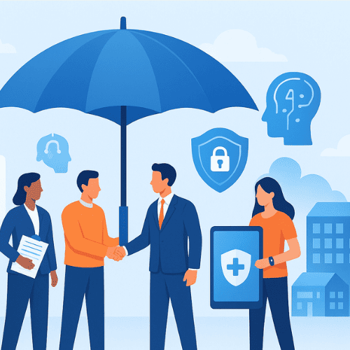 Modern insurance concept illustration with digital tools, cyber protection, health wearables, and people under a symbolic umbrella of financial security.