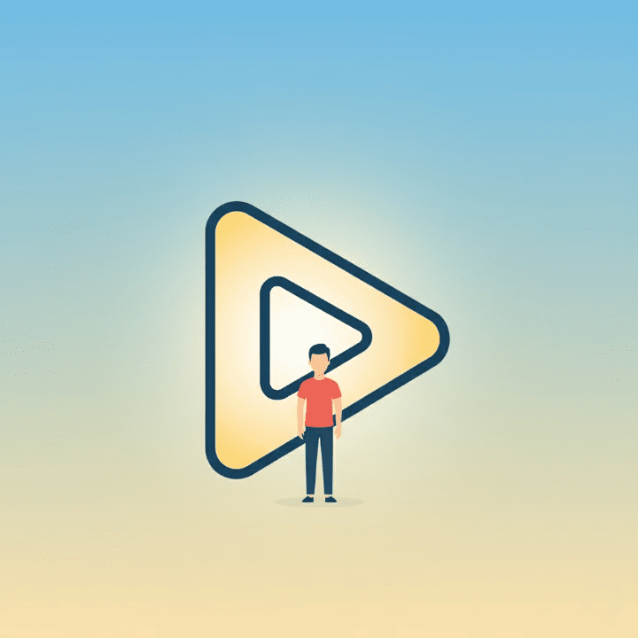 An illustration of a person standing before a large, glowing YouTube play button that looks like a doorway. The image symbolizes the opportunity to make money online by starting a creator business on YouTube.