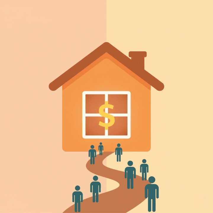 An illustration of a house with a glowing dollar sign inside. Guest icons are walking towards the door, symbolizing the process of making money online with short-term rentals.