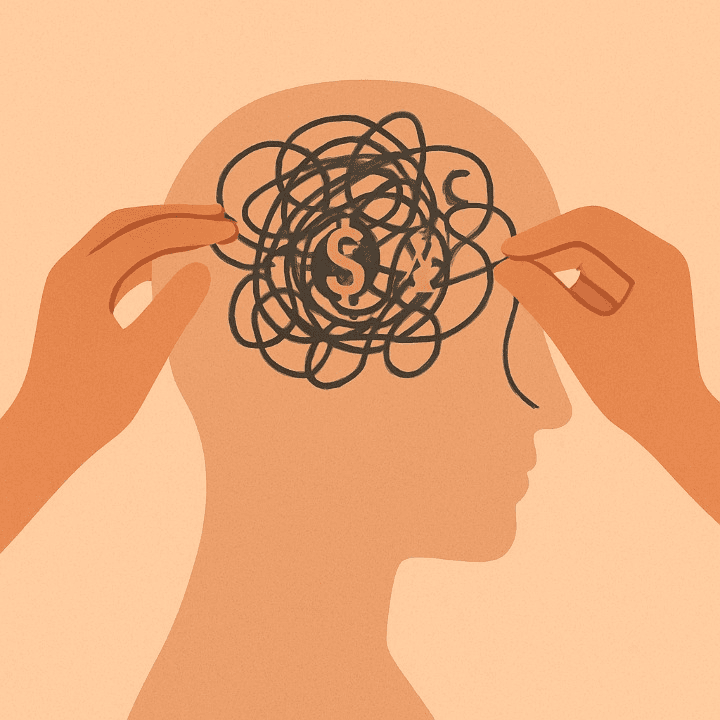 An illustration of hands untangling a knot of financial worries inside a person's head. The image symbolizes the process of managing financial stress to improve mental and financial health.
