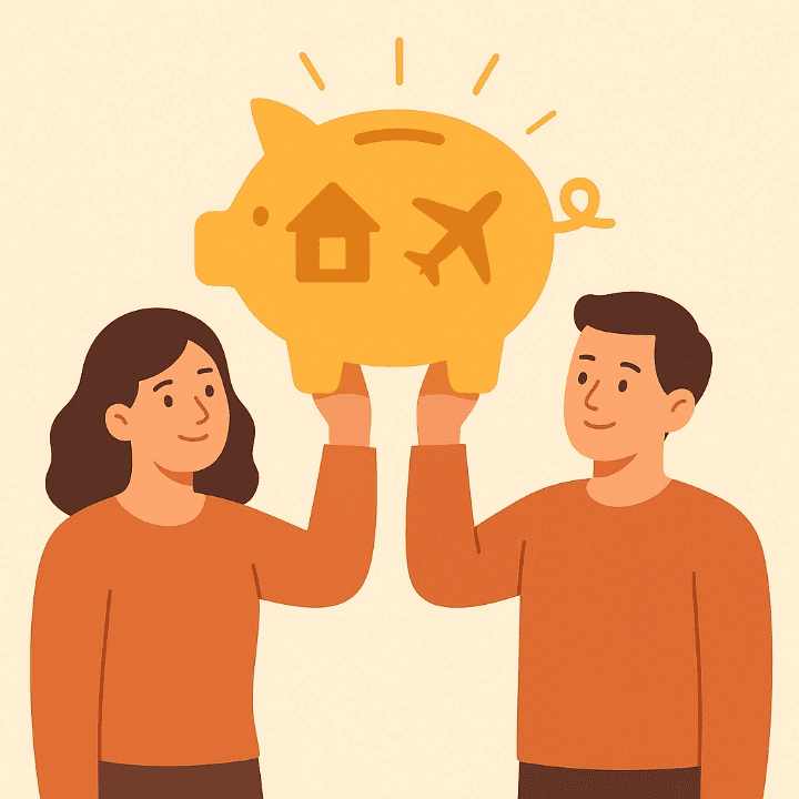 An illustration of two people working together to hold up a large piggy bank. The piggy bank contains icons of a house and an airplane, symbolizing a couple managing money together to achieve their shared financial goals.