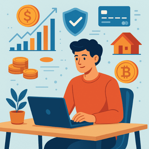 An illustrative scene of a young adult at a modern home office desk using a laptop, surrounded by floating financial charts, coins, credit cards, and investment icons such as stocks, real estate, and cryptocurrencies. A shield icon represents financial protection. The clean, modern background conveys growth, security, and strategic financial management. The composition visually represents advanced personal finance strategies, including budgeting, investing, debt management, and wealth building, reflecting the article’s focus on long-term financial planning and smart money management.