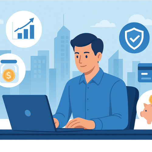 Personal finance management illustration with savings, investments, credit, insurance, and futuristic city background.
