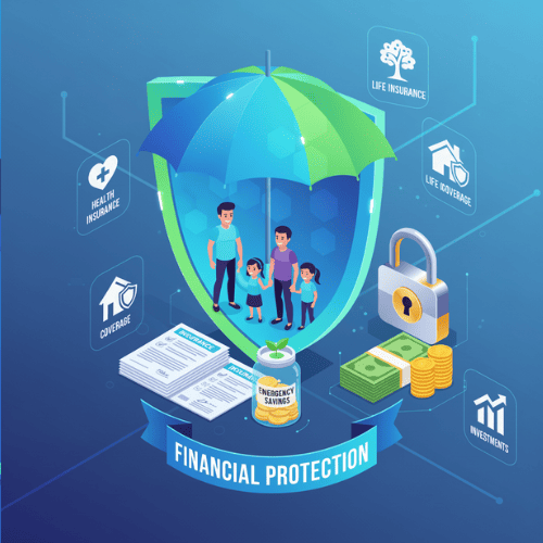 Illustration of a family under a protective umbrella with insurance icons, symbolizing financial safety and risk management.