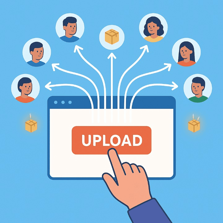 An illustration symbolizing the sale of digital products. A hand clicks an "upload" button, and a product is instantly delivered to many customers, representing the scalable model of making money online.