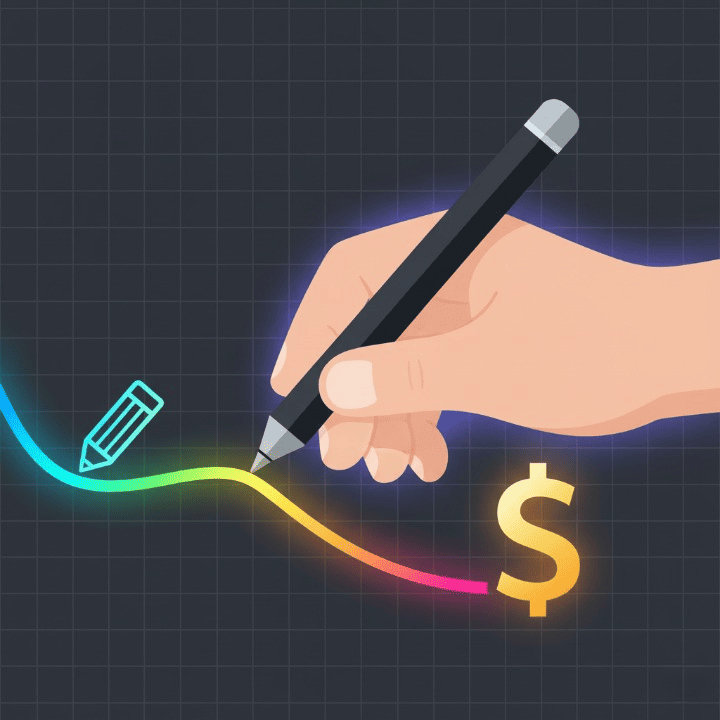 An illustration of a hand with a stylus drawing a line that turns from a sketch into a dollar sign. The image symbolizes how to turn graphic design skills into a profitable freelance business to make money online.