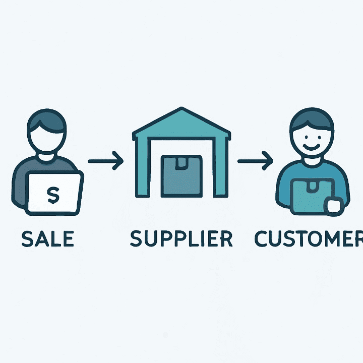 An infographic-style illustration showing the dropshipping process. It shows a sale on a laptop, a supplier shipping the product, and a happy customer receiving it, symbolizing how to make money online with e-commerce.