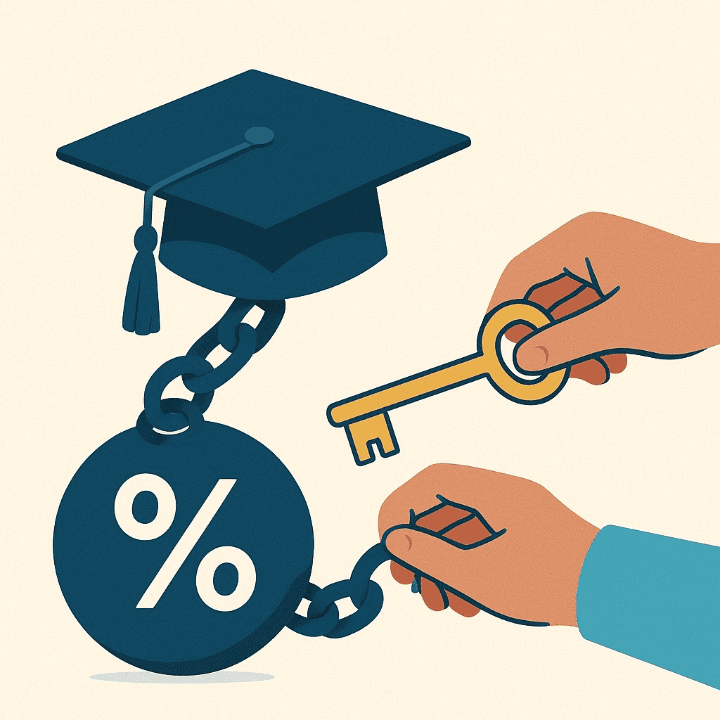 An illustration of a graduation cap with a ball and chain attached, which has a percentage sign on it. A key is unlocking the chain, symbolizing the process of managing student loan interest rates to achieve financial freedom.