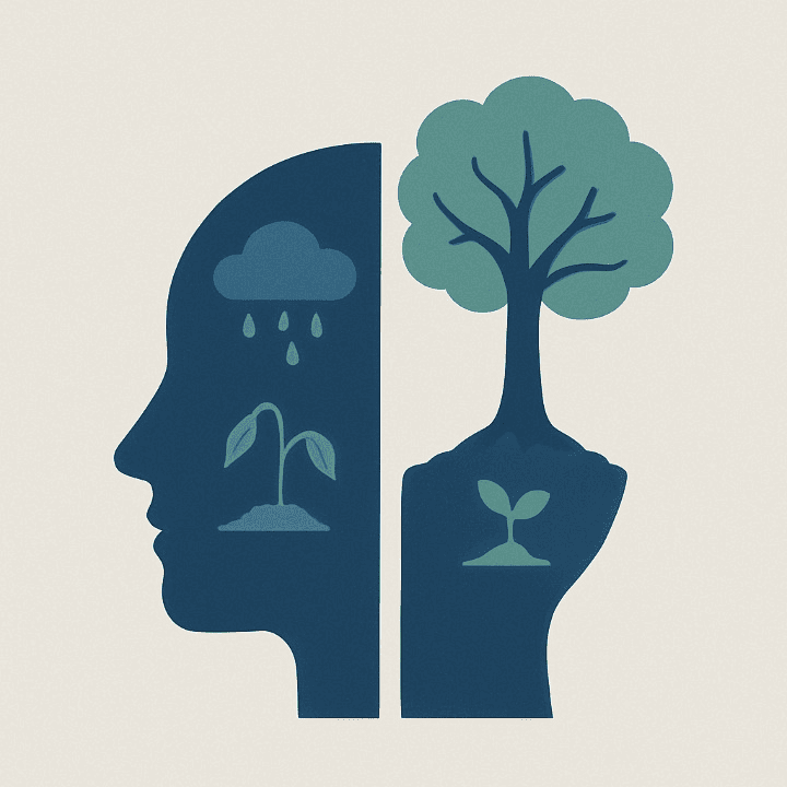 An illustration of a human head showing a mindset transformation. A withered plant (scarcity) is contrasted with a large, growing tree (abundance), symbolizing how a positive mindset improves financial health.
