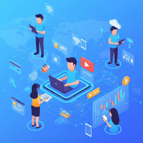 A modern digital illustration showing people making money online through freelancing, e-commerce, blogging, and investing, surrounded by laptops, charts, and digital icons.