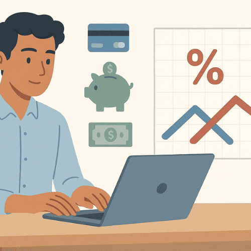 An illustration of a freelancer at a desk with a laptop displaying a chart of rising and falling percentage signs. Icons represent credit cards, savings, and financing, highlighting how interest rates impact freelancers’ financial decisions.