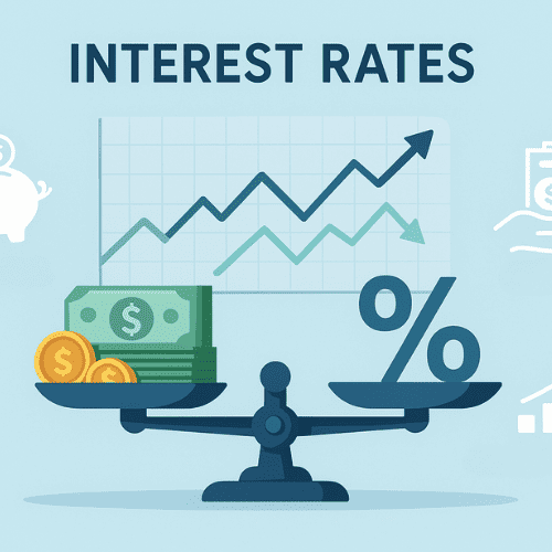 Illustration of interest rates represented by a balance scale with money and percentage symbols, alongside graphs and finance icons.