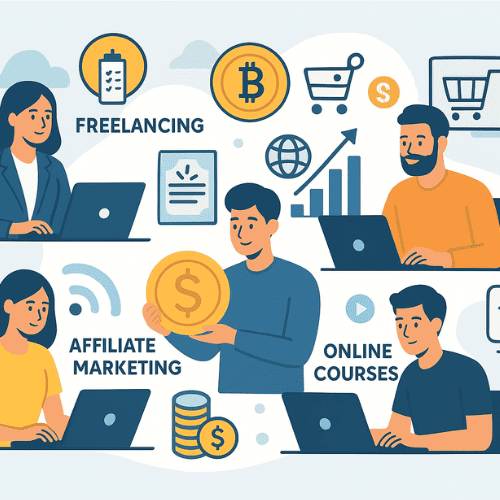 Illustration of people making money online through freelancing, e-commerce, content creation, and crypto opportunities, symbolizing digital entrepreneurship.