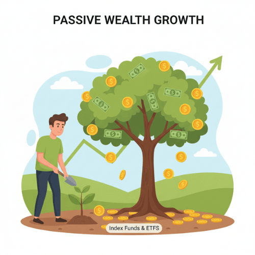 An illustration symbolizing passive wealth growth with index funds and ETFs, featuring a growing money tree on an ascending financial chart.
