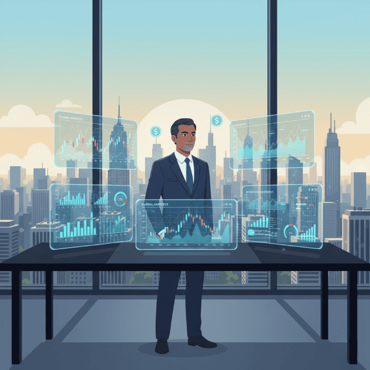A C-suite executive analyzing financial data on multiple screens, demonstrating strategic financial risk management and hedging in a modern corporate setting.