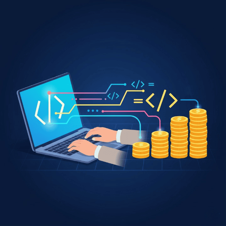 An illustration of hands typing on a laptop, with lines of code turning into a stack of gold coins. The image symbolizes how to make money online by starting a freelance web development business.