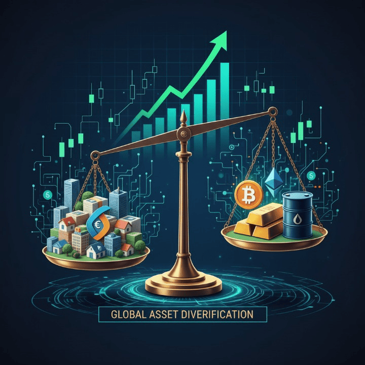 An illustration of advanced portfolio diversification, showing a balanced scale with various alternative assets like cryptocurrencies, real estate, commodities, and private market symbols, signifying wealth management and risk mitigation.