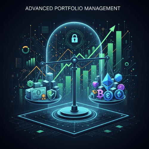 A visual representation of advanced portfolio management, showing a blend of traditional and digital assets, financial charts, and elements of risk management, balanced on a modern interface.