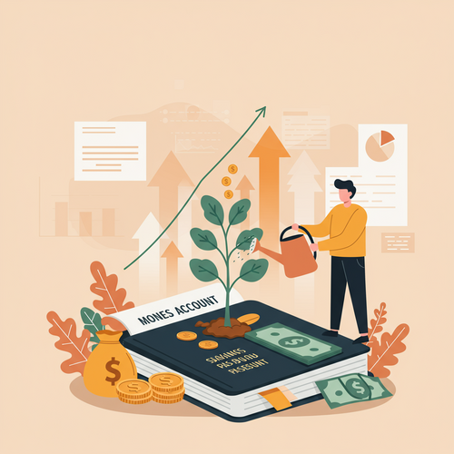 A cartoon illustration in flat design of a person watering a money tree growing from a high-yield savings account passbook, with coins and dollar bills. The image conceptually represents the growth of money in High-Yield Savings Accounts.