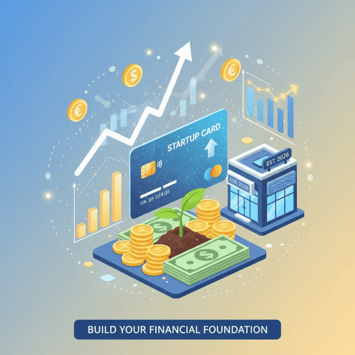 A credit card designed for startups, symbolizing growth and new financial beginnings, with elements of business credit building and strategic financial planning in the background.