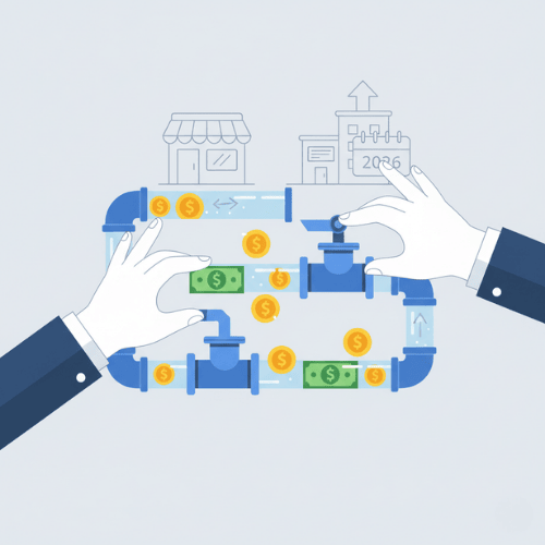 An illustration depicting efficient cash flow management for a small business in 2026, showing money moving smoothly through a system.