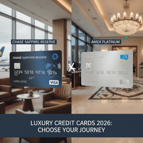 A split image showing the Chase Sapphire Reserve card on the left and the Amex Platinum card on the right, against a background suggesting luxury travel. The image highlights the comparison of two top premium travel credit cards for 2026.