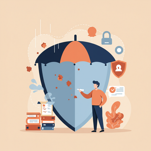 An illustration in flat design style of a business owner protected by a large shield representing Commercial General Liability Insurance for SMEs, safeguarding their small business from potential risks.