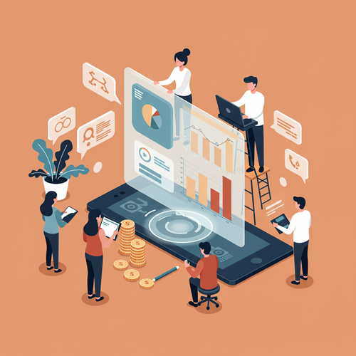 A flat design illustration depicting a finance team collaborating around a glowing screen with financial charts, representing the strategic use of Corporate Financial Planning Software.