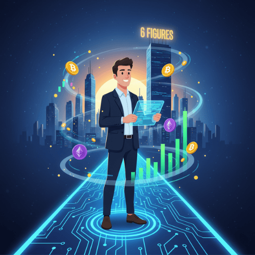 A person walking on a digital roadmap towards six figures, surrounded by financial charts and crypto symbols, representing the journey of launching a profitable online business.