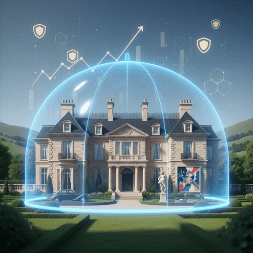An elegant mansion, classic car, and artwork protected by a large, transparent umbrella, symbolizing comprehensive high-value property and liability insurance for asset protection.