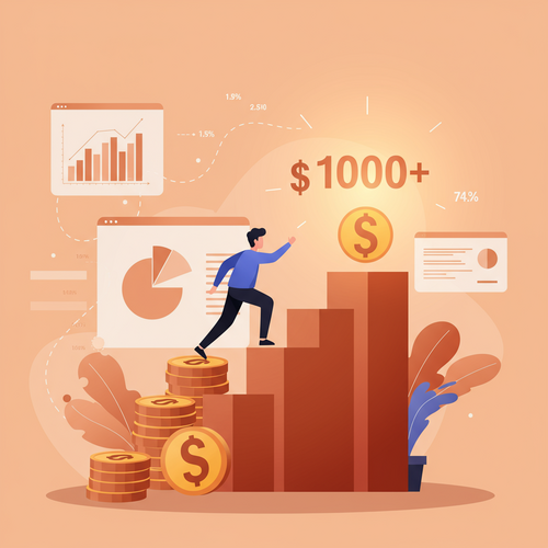 An illustration in flat design style depicts a person ascending a staircase of dollar signs, symbolizing progress in high-ticket affiliate marketing. The person is reaching a glowing sign displaying "$1000+ commissions," representing the financial goal.