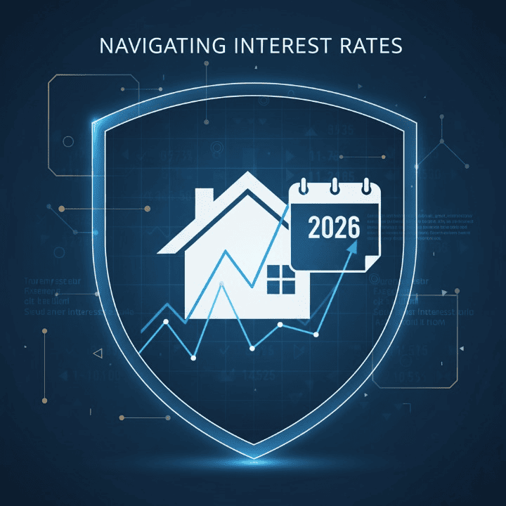Graph showing fluctuating interest rates with a house silhouette and calendar, representing the impact of Fed decisions on mortgage refinancing.