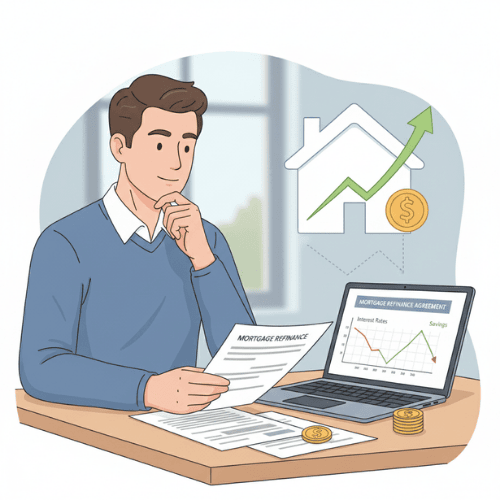 Homeowner reviewing mortgage refinancing documents with a calculator and laptop, reflecting on financial decisions after a Fed rate hike.