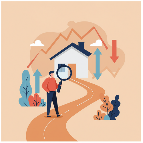 Flat design illustration of a homeowner using a magnifying glass to examine fluctuating market trends, with a house in the background. The image represents the process of securing the best mortgage refinance rates in a volatile market.