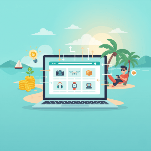 Laptop showing a dropshipping e-commerce store with products, surrounded by symbols of minimal cost startup like growing plants and a lightbulb, representing a profitable dropshipping business.