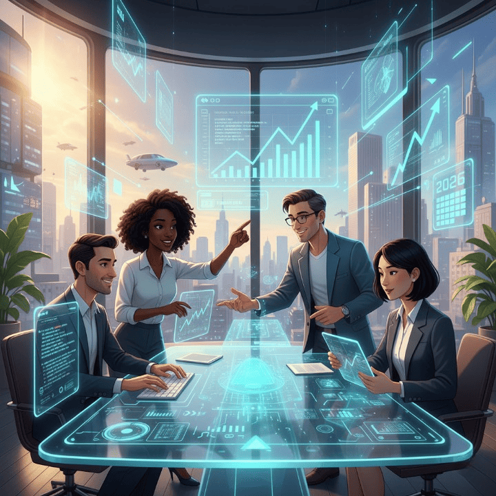 Team collaborating on a SaaS product, digital growth charts, representing a profitable SaaS company startup in 2026.
