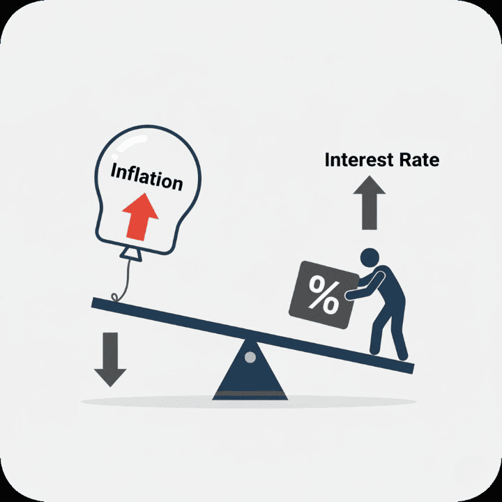 An infographic-style illustration of a seesaw. A rising "Inflation" balloon is on one side, and a person is placing a heavy "Interest Rate" weight on the other to bring it down, symbolizing how interest rates are used to control inflation.