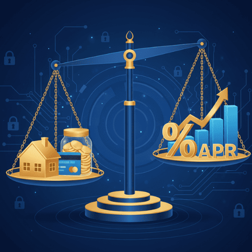 Illustration of financial growth with rising and falling interest rate charts, people analyzing investments, and coins representing savings and wealth management.