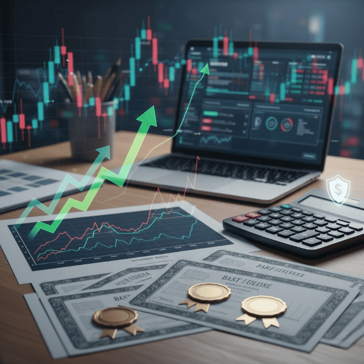Financial charts and bond certificates illustrating strategic bond investing in a high-interest-rate environment.