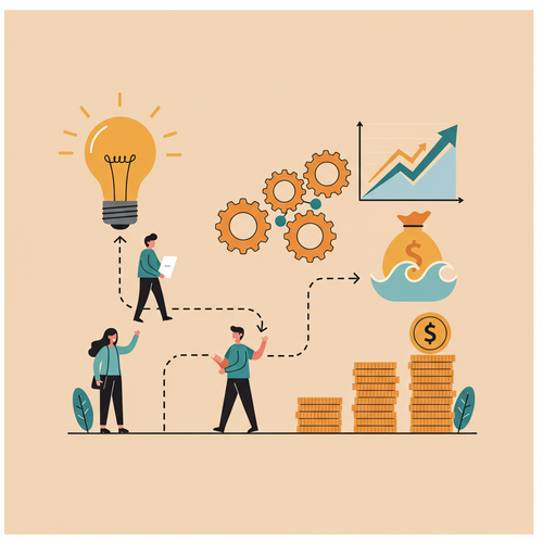 A flat design illustration depicting the journey of launching a successful SaaS, showing a lightbulb idea transforming into a growing structure, symbolizing product development and recurring revenue.