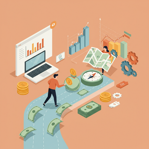 A flat design illustration of a small business owner, a friendly cartoon character, using a compass and map to navigate a river of money, representing advanced cash flow management. Financial graphs and gears are in the background, all in warm earth tones and soft blues.